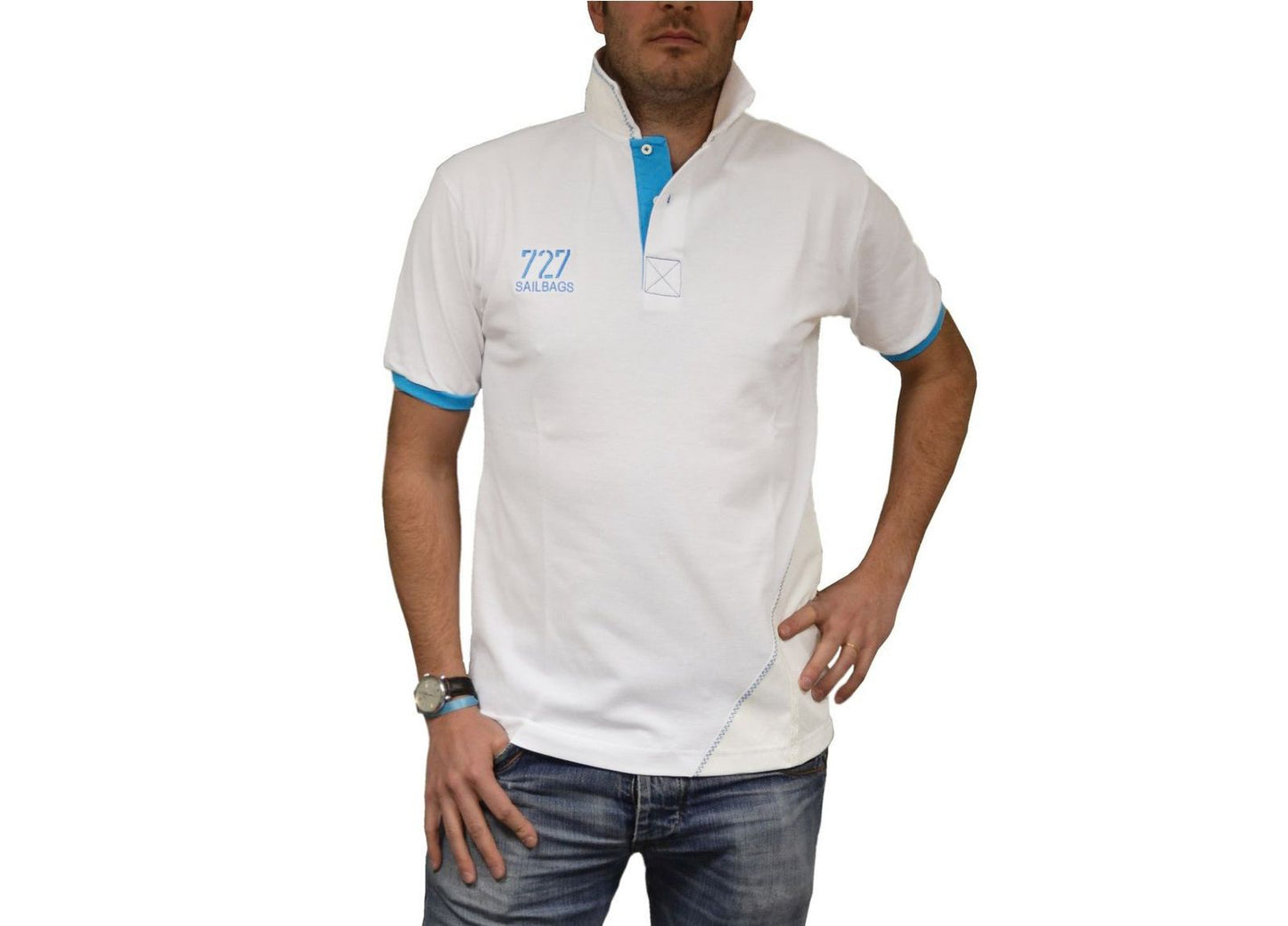Polo blanc chiffre turquoise