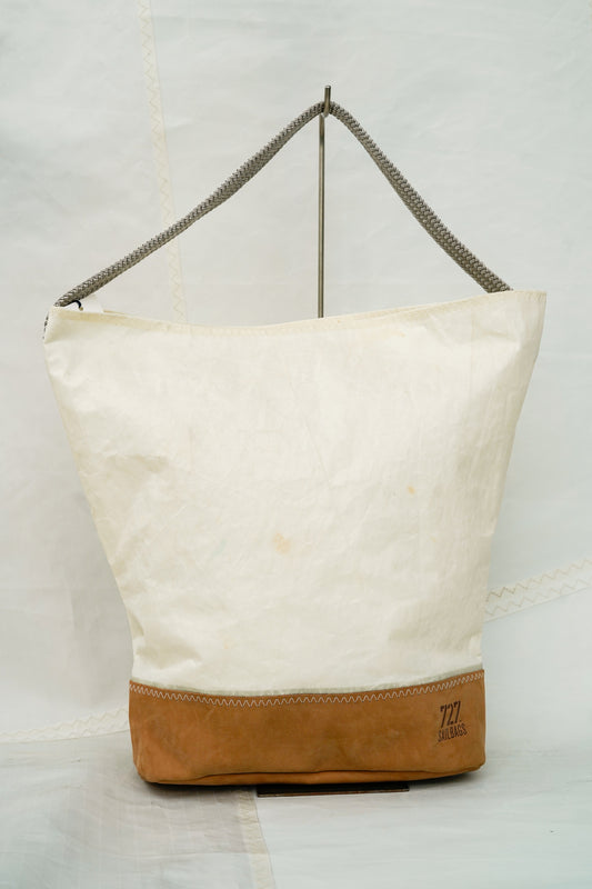Grand sac cabas - Cuir camel et voile vintage