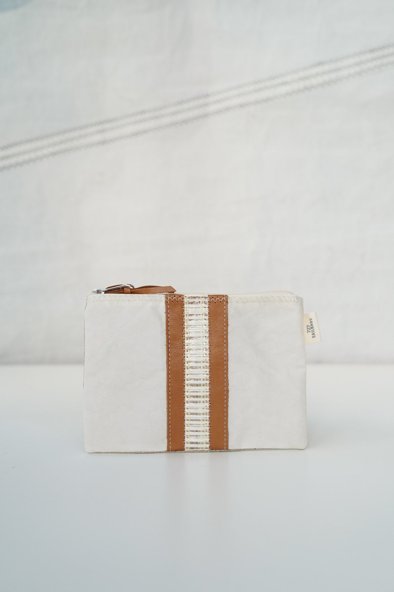 Pochette make-up · Lin et cuir camel