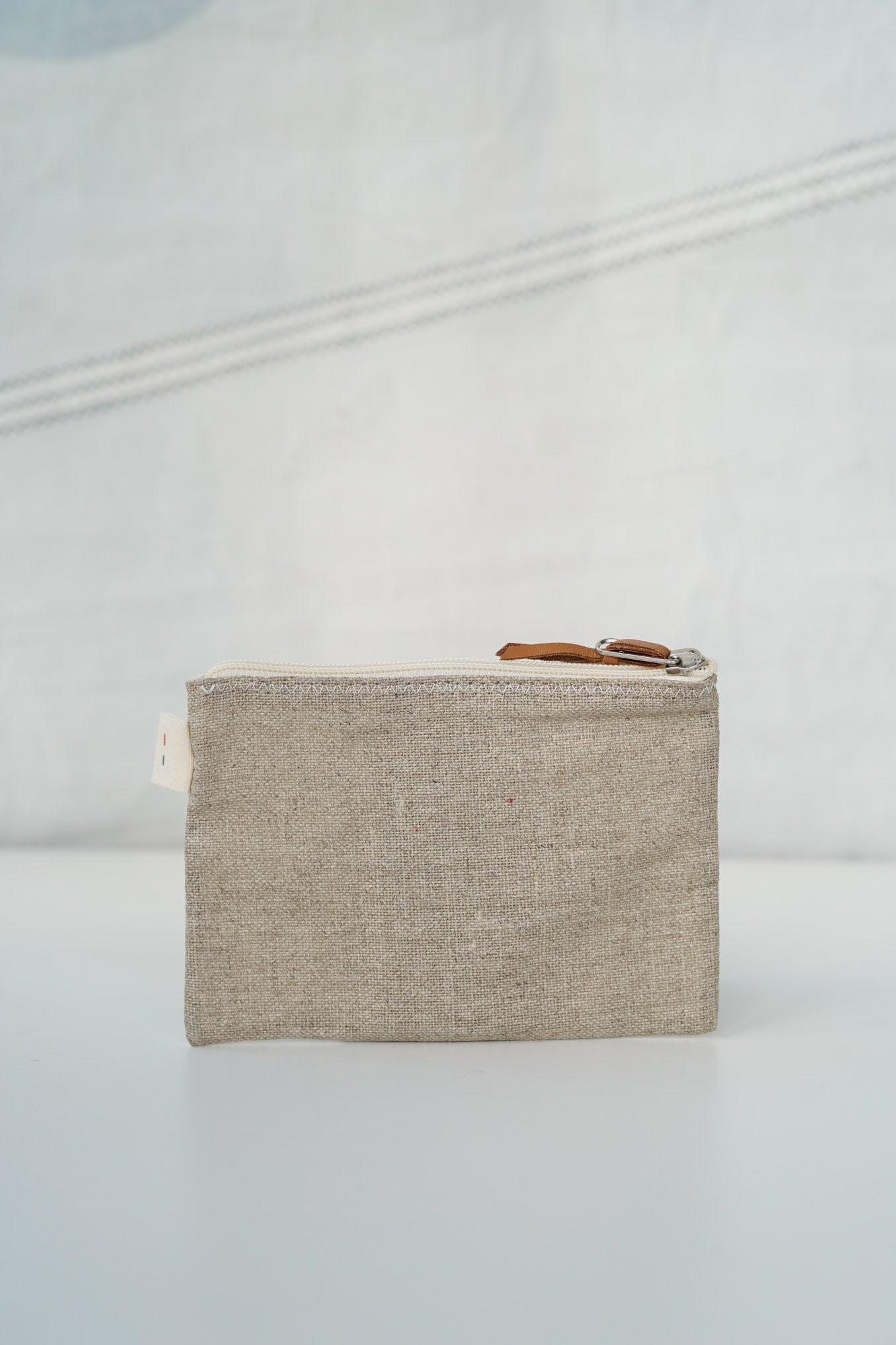 Pochette make-up · Lin et cuir camel