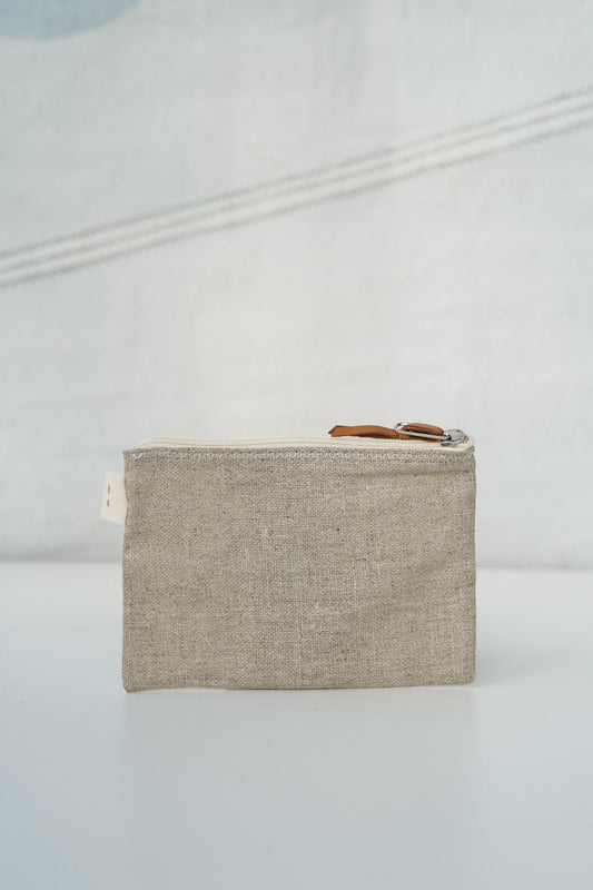 Pochette make-up · Lin et cuir camel