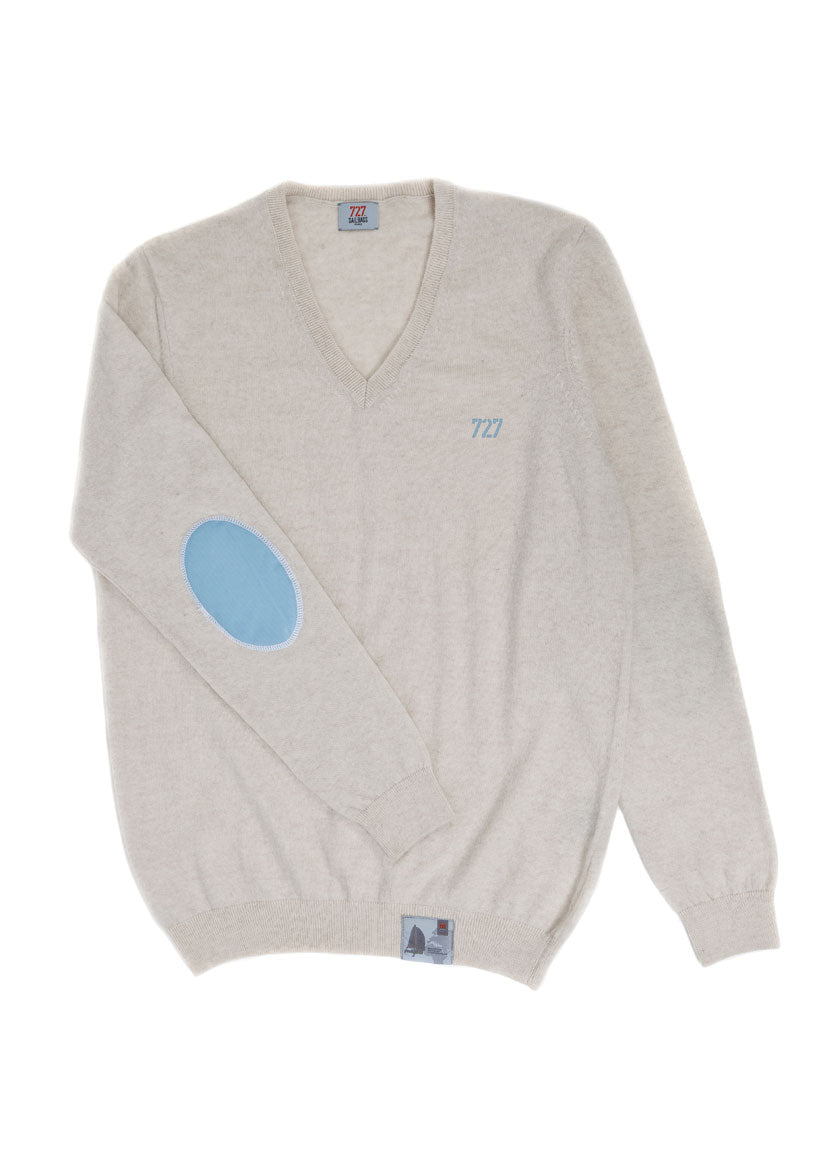 Cachemire beige / Coudières bleues ciel