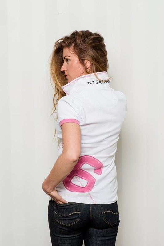 Polo blanc chiffre rose