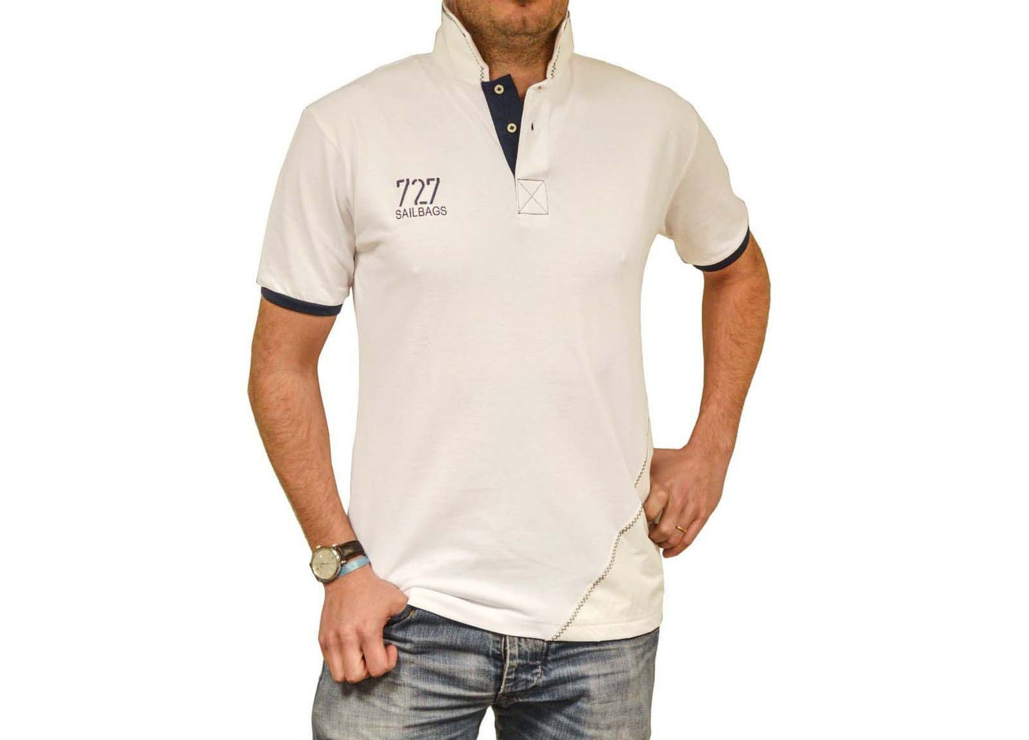 Polo manches courtes homme blanc et bleu marine